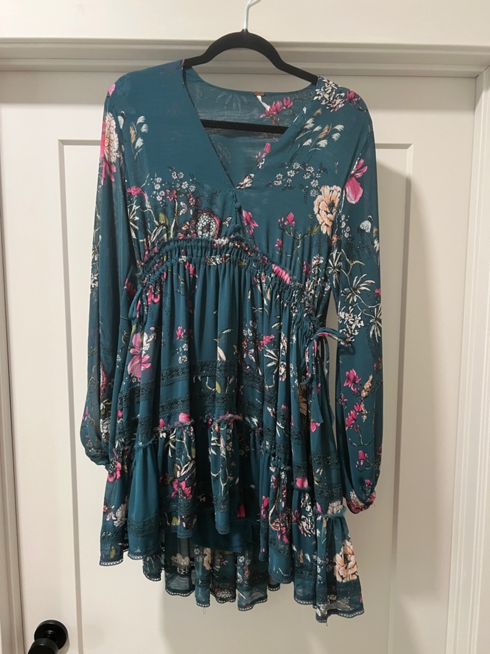 Free People Teal Floral Tiered Long-Sleeve Mini Dress